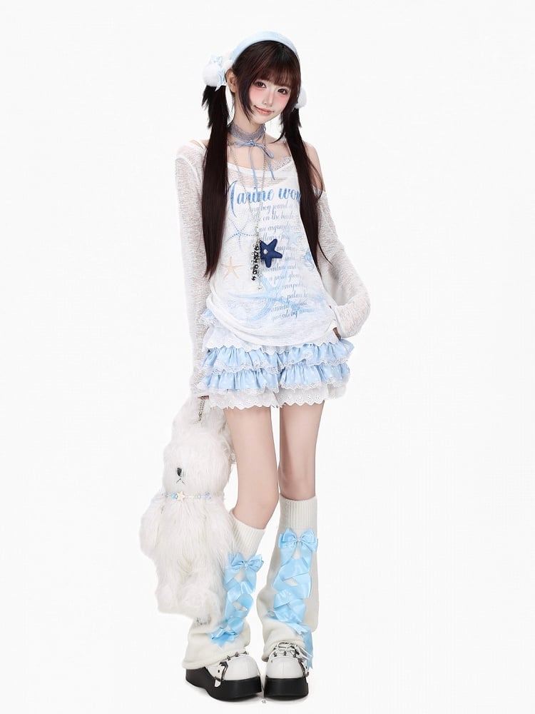 Sweet White Asymmetric Shoulder Lightweight Long Sleeve Top with Starfish & Letter Print - CRAZY GIRL