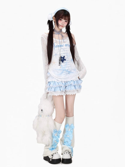 Sweet White Asymmetric Shoulder Lightweight Long Sleeve Top with Starfish & Letter Print - CRAZY GIRL