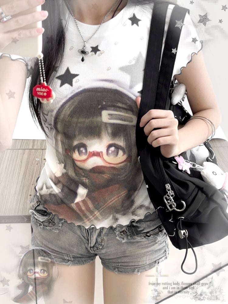 Star Doll and T-shirt White BJD Hem Print Ruffled