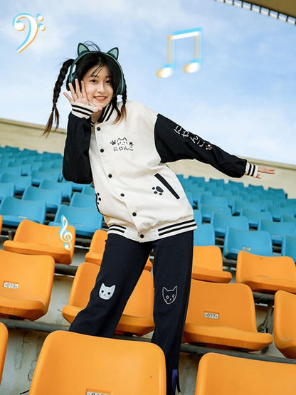 Drawstring and Cat Blue with Navy Pattern Bow Accents Sweatpants Waist