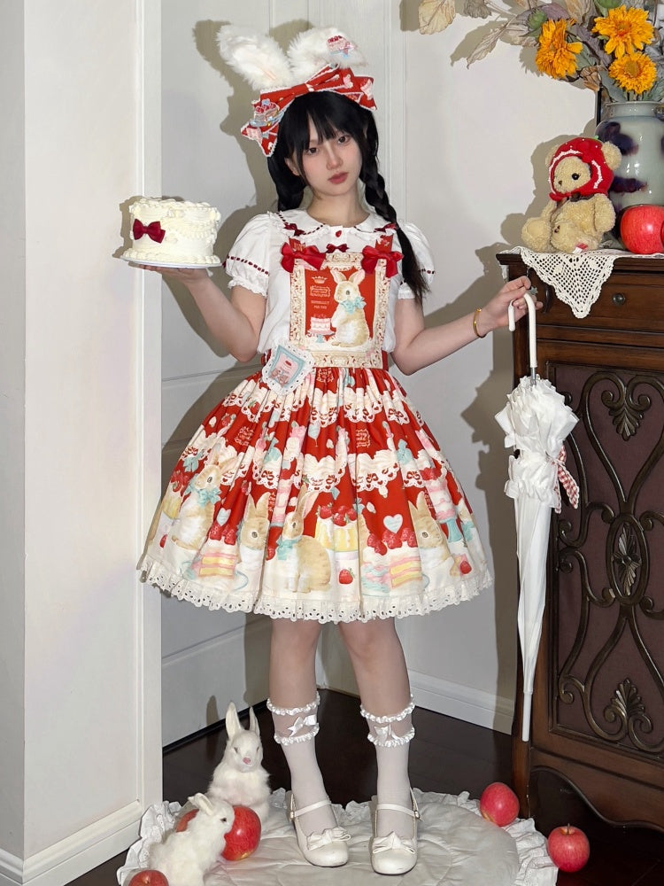 白と赤のハートボタン付きパフスリーブのスイートロリータブラウス