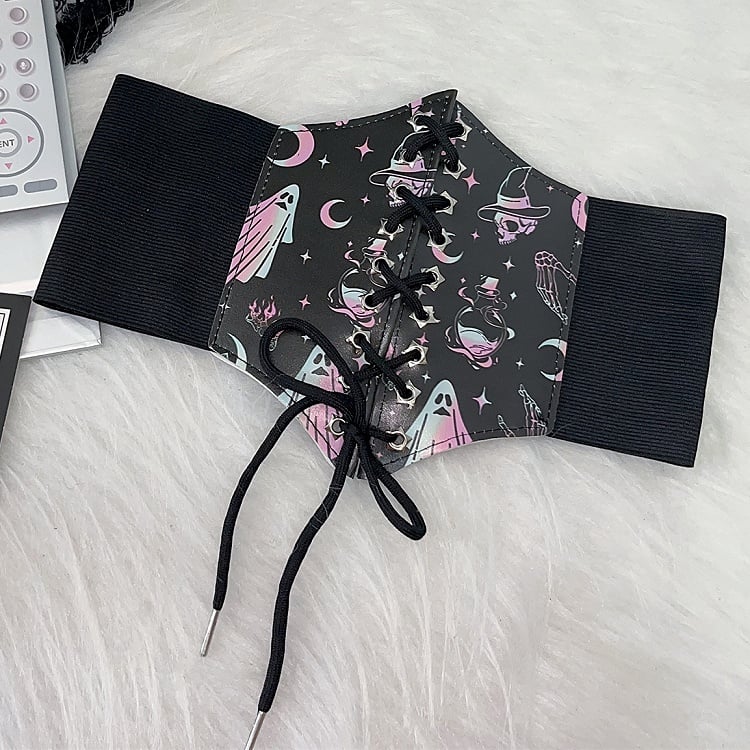 Und Taille Gyaru Fashion Moon Y2K Skelett Schwarz Schnürung PU Print Stern Geister Gürtel Details