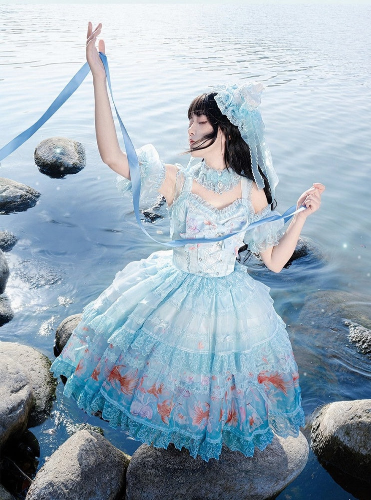 Robe salopette asymétrique imprimé poisson rouge - Mewroco