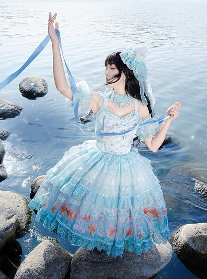 Robe salopette asymétrique imprimé poisson rouge - Mewroco