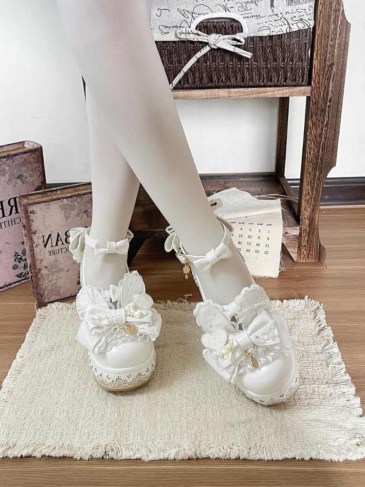 White Kawaii Bowknot Lace Round Toe Shoes with Rabbit Ears - Cheese Mango