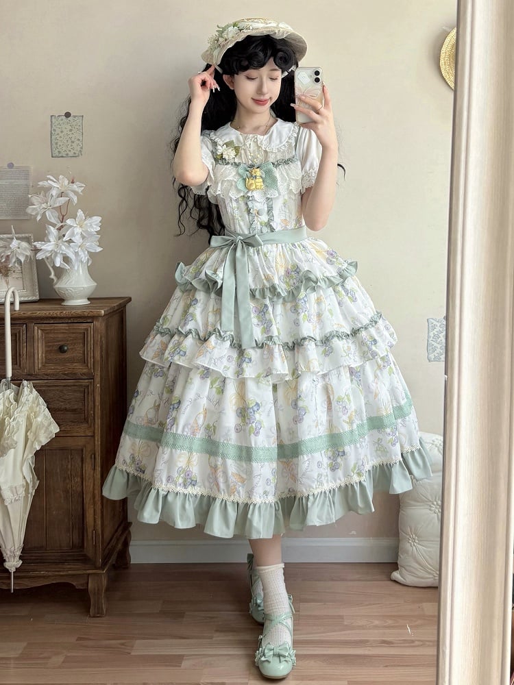 Gestuftes Rüschenkleid mit leichtem Rockbesatz und Blaubeercreme-Grün-Eisdruck Lolita