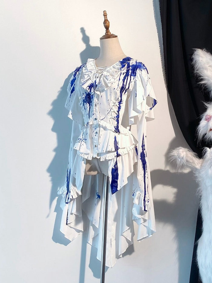 Gothic Ouji Lolita White & Blue Bloodstain Ruffled Long Sleeve Shirt with Asymmetric Tail Accents - Tonight's White