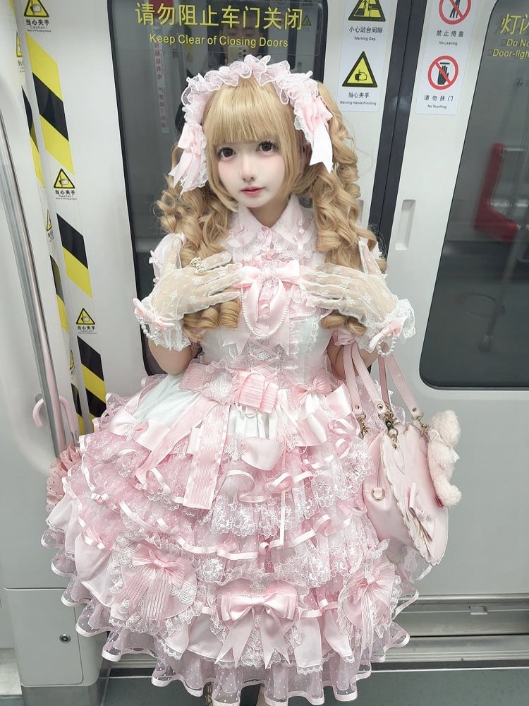 Skirt Dress Heart-shaped Princess Lolita White and Decoration Pink Hanayome Bows Layered Jumper