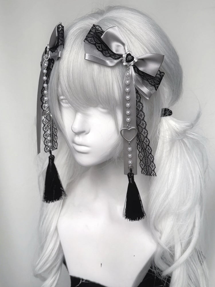 Akzente Haarspangen mit Perlenkette Jirai Kei Farben Spitze Schleife Strass 3