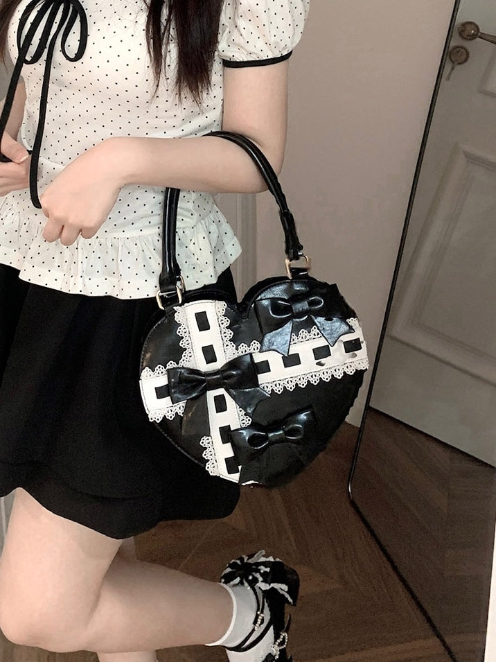PU-Saum, Schleife, süße Riemen, herzförmige Handakzente, Tasche, schwarz, gewellt – Lolita