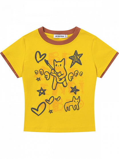 Yellow Crew Neck Short Sleeve T-Shirt with Graffiti Prints - Languid Park