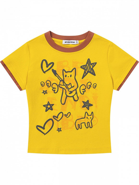 Yellow Crew Neck Short Sleeve T-Shirt with Graffiti Prints - Languid Park