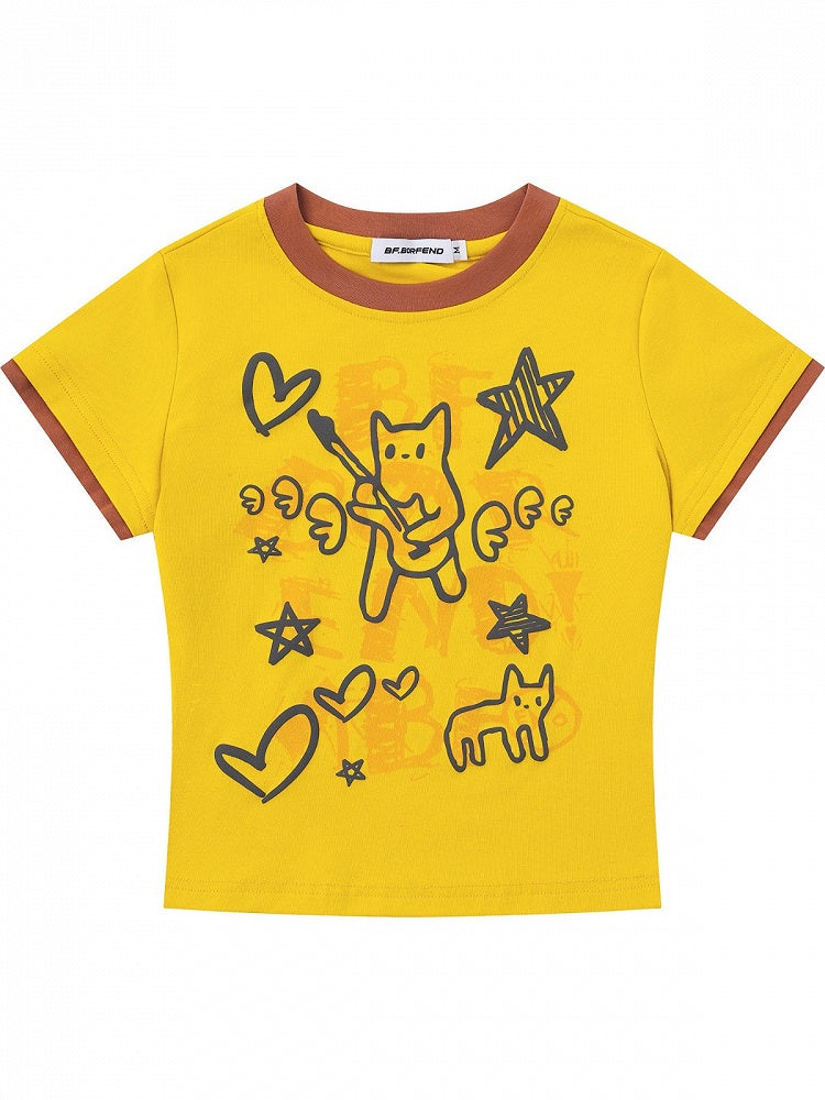 Yellow Crew Neck Short Sleeve T-Shirt with Graffiti Prints - Languid Park