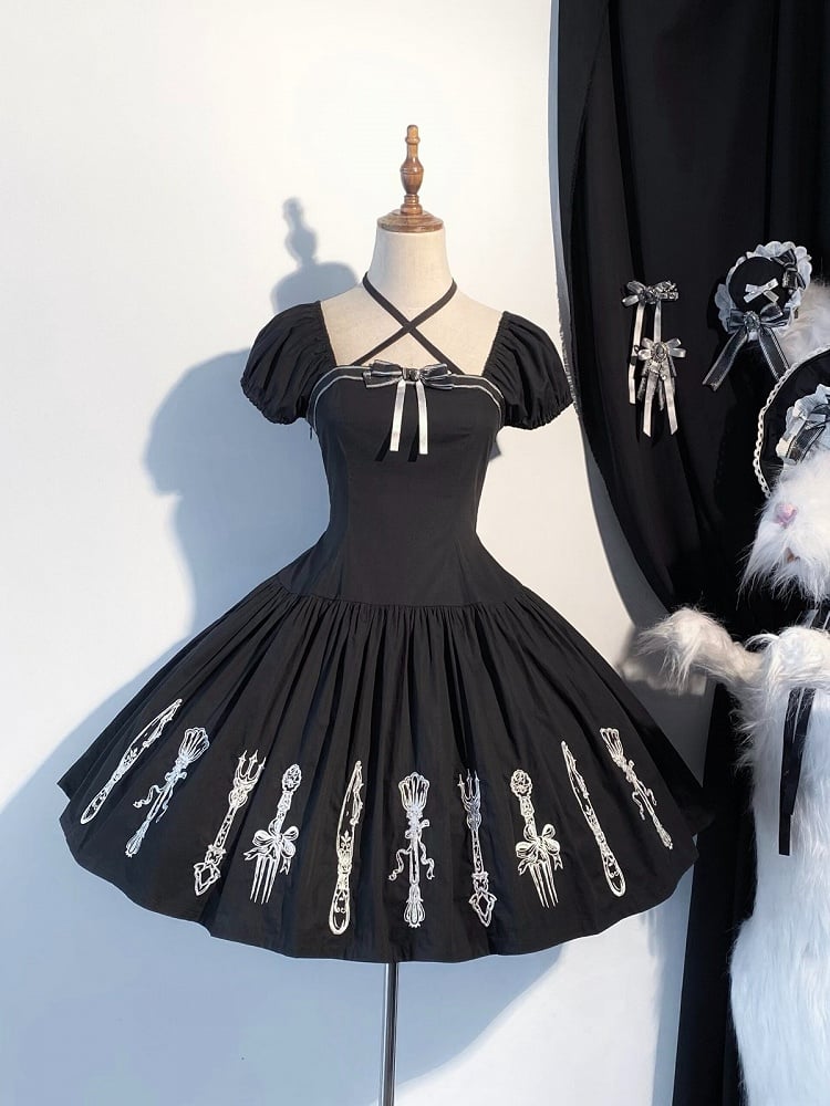 Cutlery Embroidered Short Sleeve Gothic OP Dress in Black with Halter Neckline - Vivian's Diary