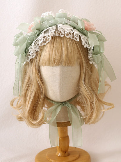 White Green Hairband Lace Gorgeous Bowknot With Sweet Lolita Camellias Pink