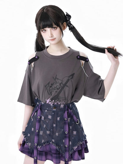 Dusty Gray Cutout Shoulder Slit Hem Punk Rock Graphic T-Shirt