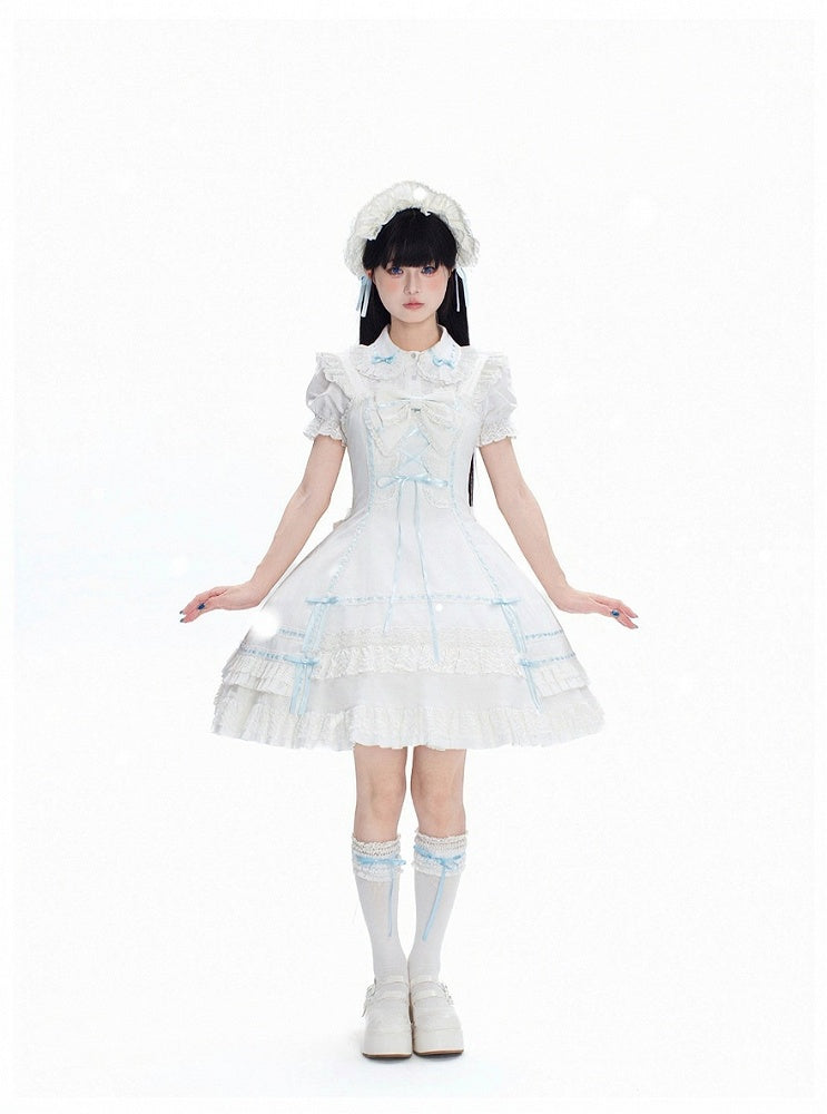 Blue-White Kawaii Cotton JSK Gown with Ribbon and Ruffle Embellishments
