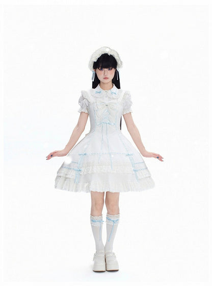 Blue-White Kawaii Cotton JSK Gown with Ribbon and Ruffle Embellishments