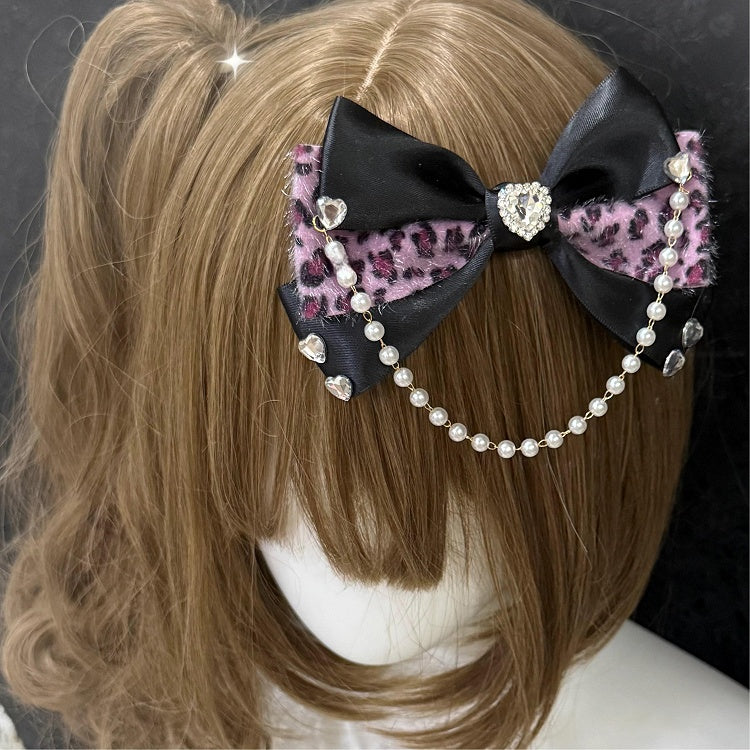 Bow Pearl 3 Color Print Chain Gem Leopard with Options Hairclip Heart and