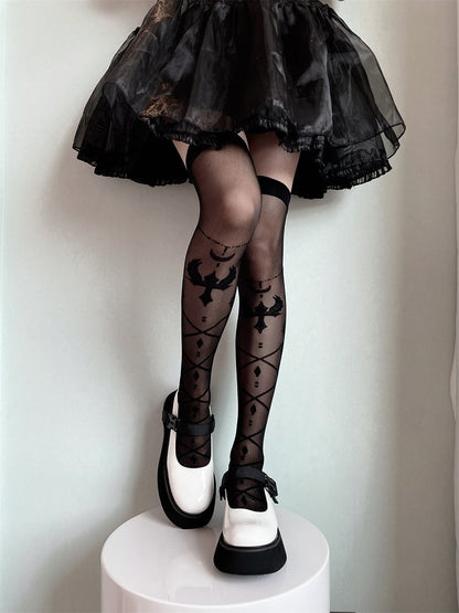 White/Black Bow Semi-sheer Cross and Wing Over Knee Stockings