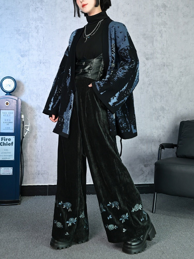 Wide-Leg Cheongsam Floral Gothic Bird Black Embroidery Chenille with Pants