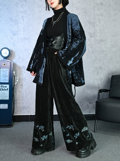 Wide-Leg Cheongsam Floral Gothic Bird Black Embroidery Chenille with Pants
