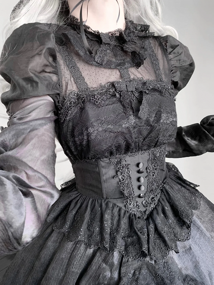 Black Basque Waist Kuro Dress Drawstring Skirt Gothic Lolita Long Sleeves One Piece