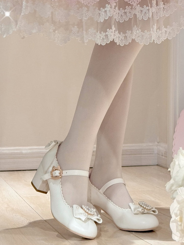 ラウンドロリータラインストーンメリートゥ装飾ディテールホワイト＆ビーズボウノットジェーンズシューズ