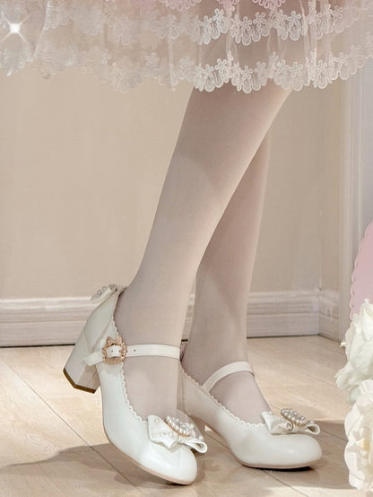 ラウンドロリータラインストーンメリートゥ装飾ディテールホワイト＆ビーズボウノットジェーンズシューズ