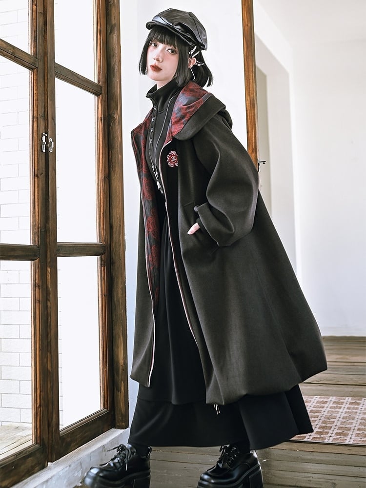Noir fleuri - avec Imprimé Manteau Gothique à Capuche et Fermeture Éclair sur le Devant, Ourlet Bulle