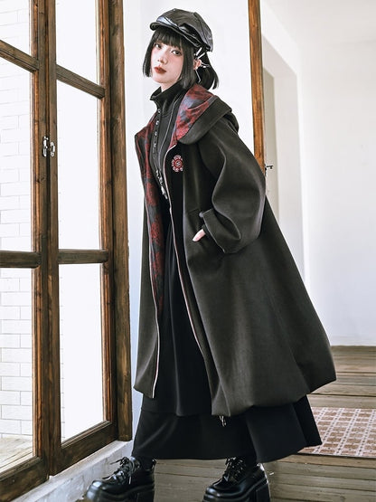 Noir fleuri - avec Imprimé Manteau Gothique à Capuche et Fermeture Éclair sur le Devant, Ourlet Bulle
