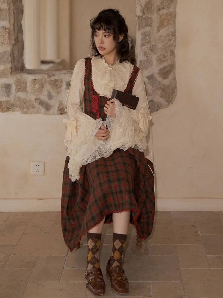 Plaid Classic Dress Details Lace-Up Brown Elegant Reddish Lolita with