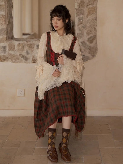Plaid Classic Dress Details Lace-Up Brown Elegant Reddish Lolita with