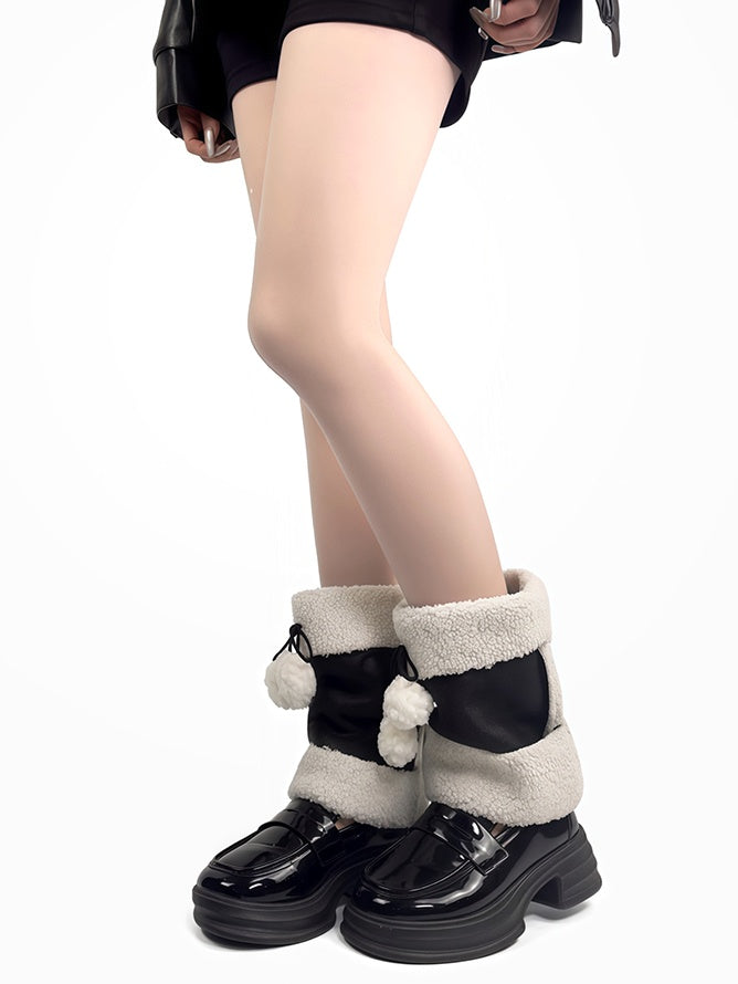 Schwarze Y2K Bowknot Plüsch-Manschetten-Beinwärmer mit Pompons