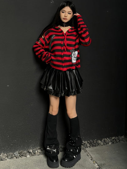 Gothic Punk Black and Red Striped Zip Hoodie GrimReaper Applique