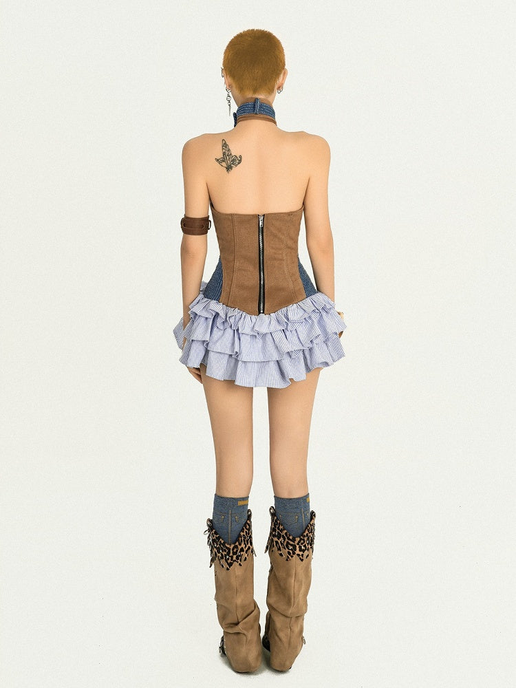 Camel-Black Halterneck Sleeveless Ruffled A-Line Dress