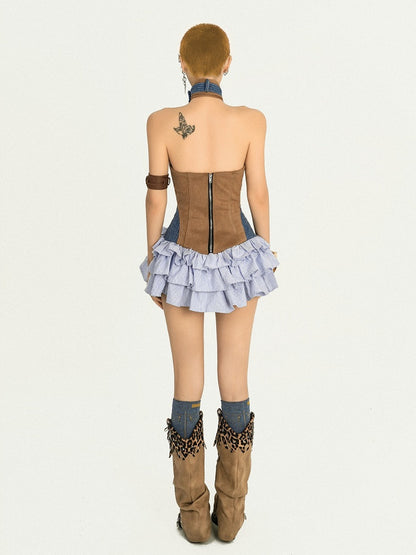Camel-Black Halterneck Sleeveless Ruffled A-Line Dress
