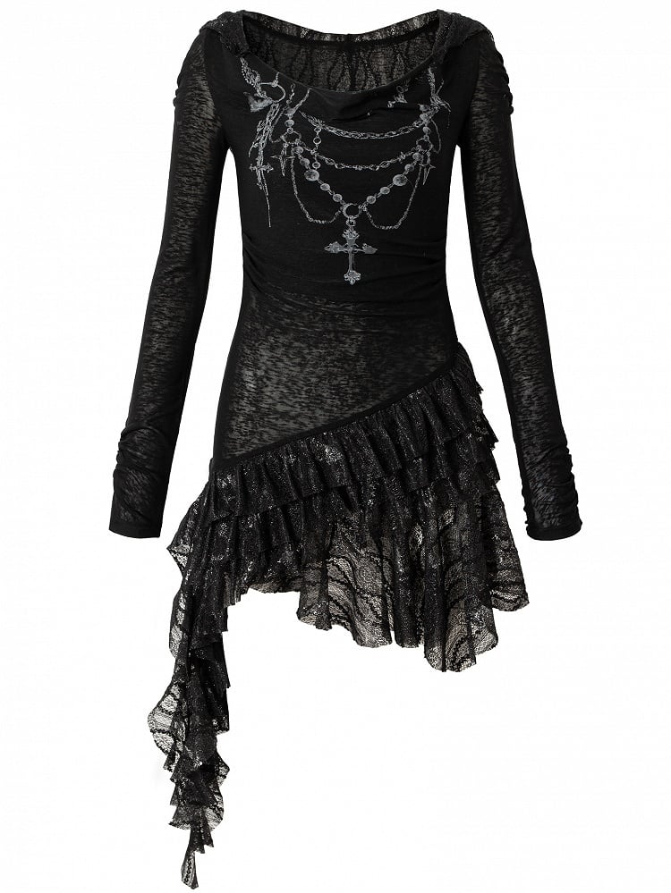 Chain Dress Cross Punk Black/Beige Beaded Wasteland Trim Print Lace