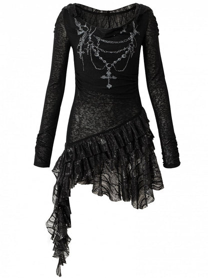 Chain Dress Cross Punk Black/Beige Beaded Wasteland Trim Print Lace