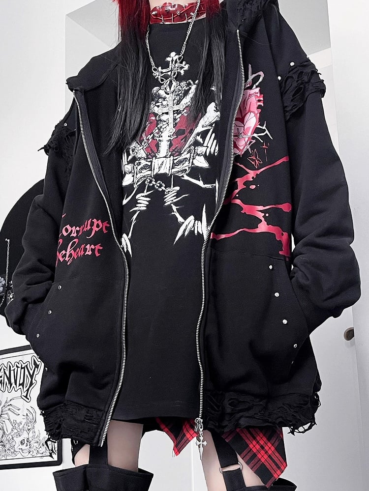 Zip-up Studs And Kawaii Guro Hoodie Cat Decorated Letter Black Ear Print Heart