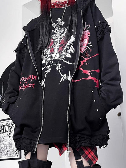 Zip-up Studs And Kawaii Guro Hoodie Cat Decorated Letter Black Ear Print Heart