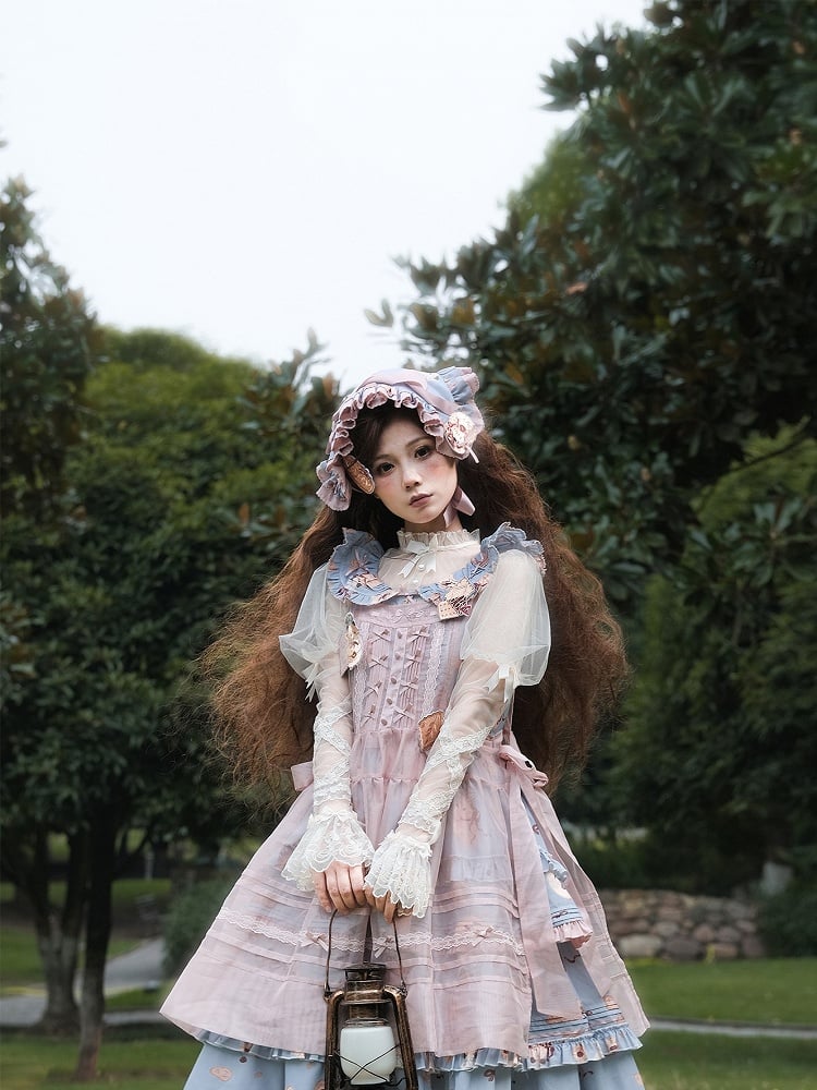 Print Cookie + Rosa Kopftuch Volles Lolita-Kleid Broschen Süße und Schürze Blau Set Dreieckiger Hamster