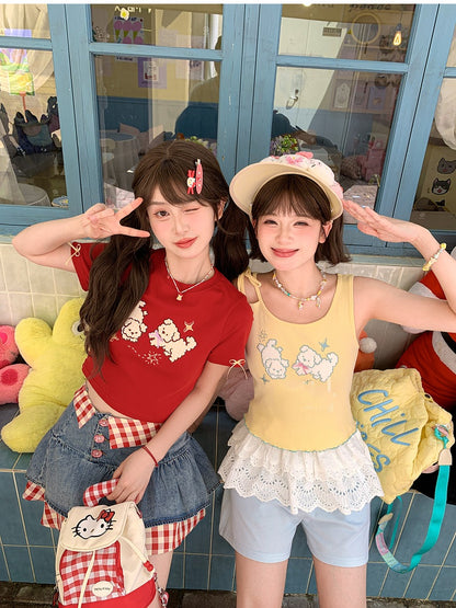 セルフタイイエローパピー刺繍レタス裾タンクトップストラップショルダー付き