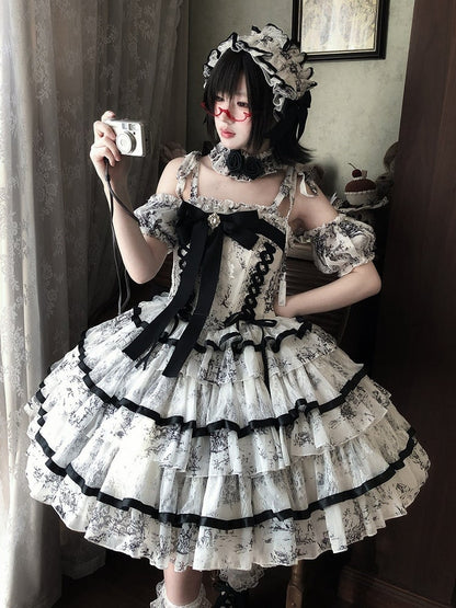 Elegant Hanayome-Style Black & White Porcelain-Inspired 92CM-Length Lolita Princess Dress - Sleepless Star