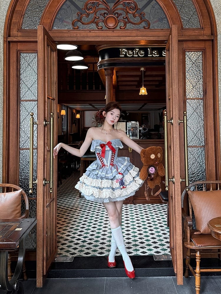 Blue Corset Lace-up + Skirt Set Bolero Top Boned Puffy Full