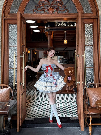 Blue Corset Lace-up + Skirt Set Bolero Top Boned Puffy Full