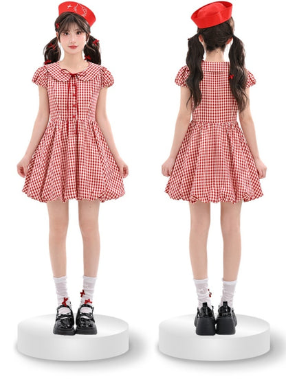 Skirt Plaid Sleeves Bubble Red Peter Pan Collar Puff Dress