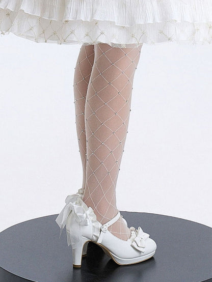 Ruffles Bow Elegant - White at Heel Shoes Top Trim High