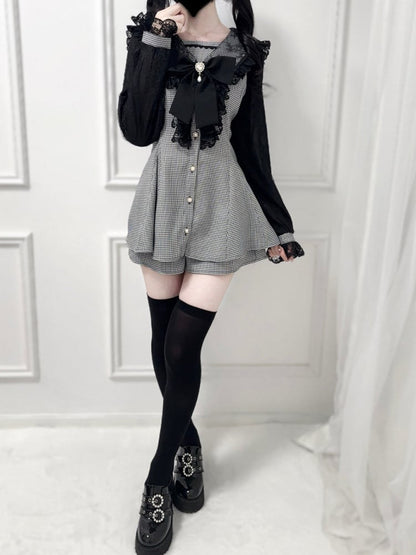 Kei Mesh Set: Jirai Sailor Houndstooth Black Mini Dress Sleeves