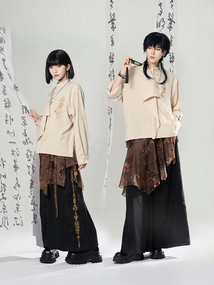Long Blouse Embroidered Chinoiserie Sleeve Asymmetrical Ivory